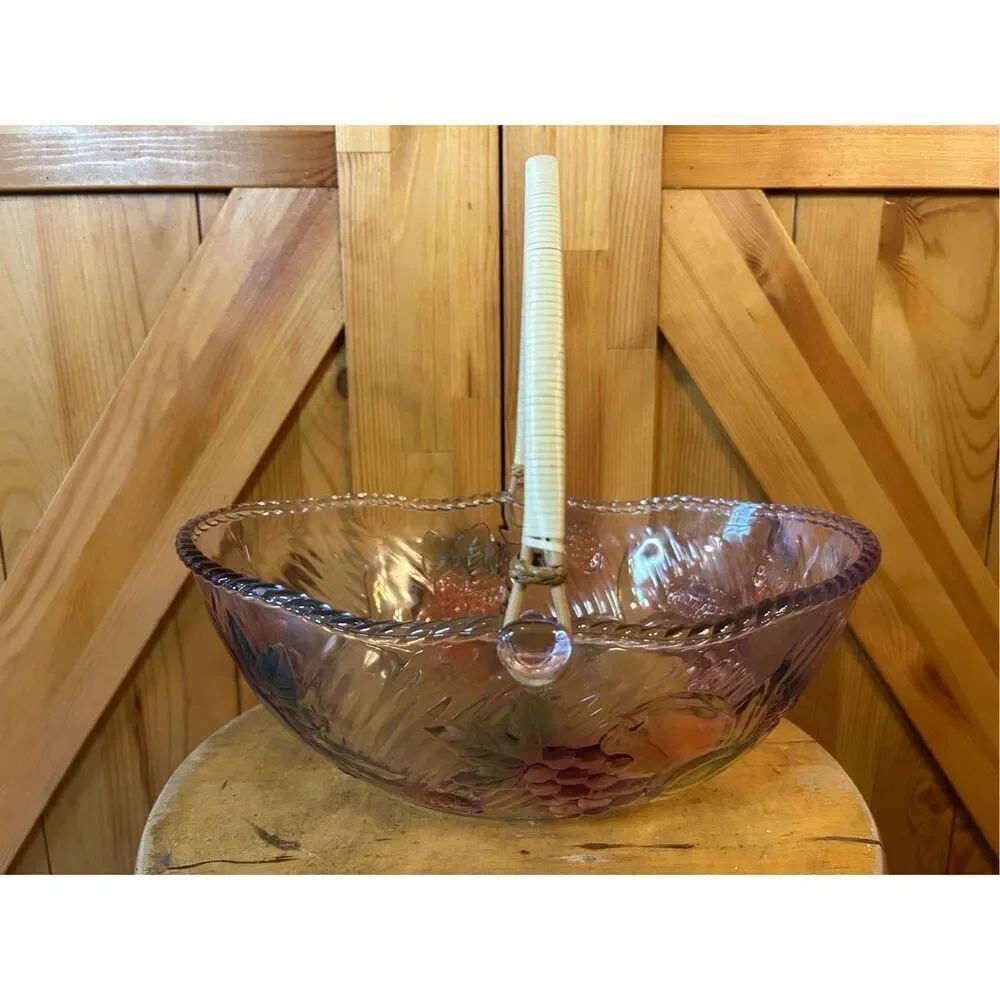 ADERIA Vintage Glass Fruit Bowl Basket Has Handle Color Purple Pink Green Grapes